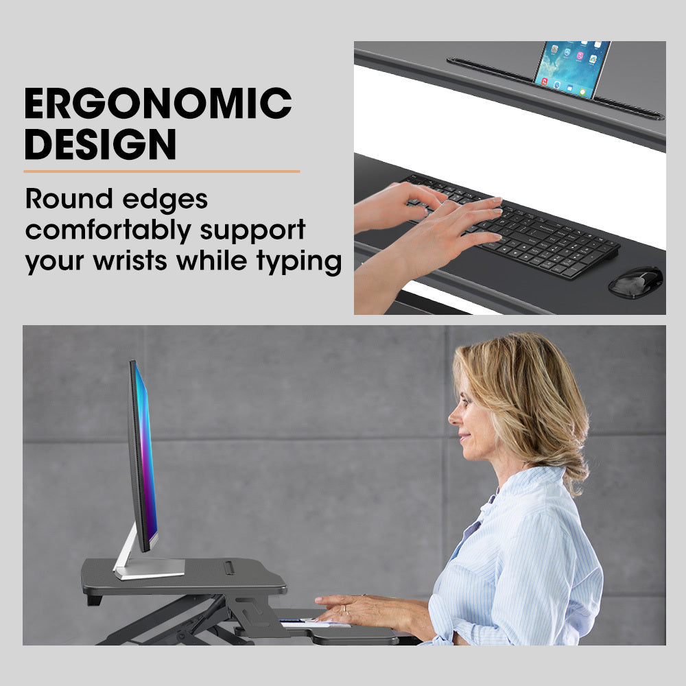 Height Adjustable Sit-Stand Desk Riser, 0.9m Wide, Dual Monitor Capacity, Black