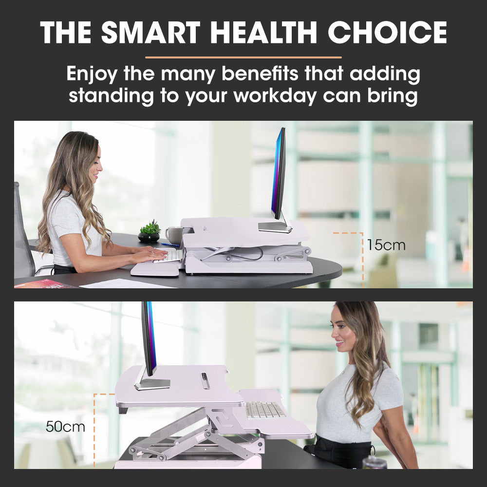 Adjustable Sit Stand Desk Riser, 0.9m Wide, Dual Monitor, White, 17kg Capacity