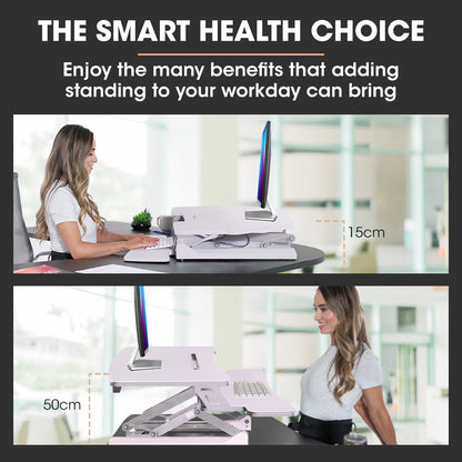 Adjustable Sit Stand Desk Riser, 0.9m Wide, Dual Monitor, White, 17kg Capacity