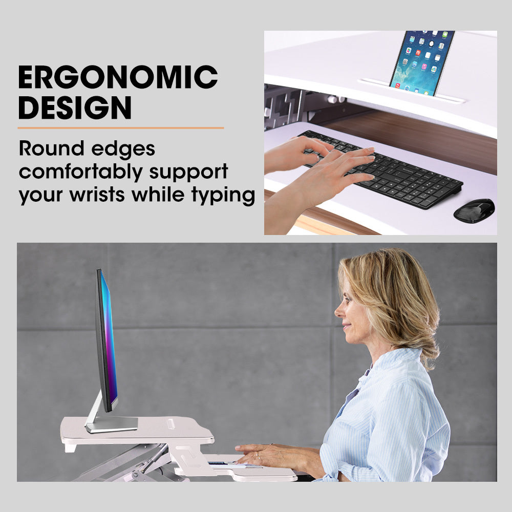 Adjustable Sit Stand Desk Riser, 0.9m Wide, Dual Monitor, White, 17kg Capacity