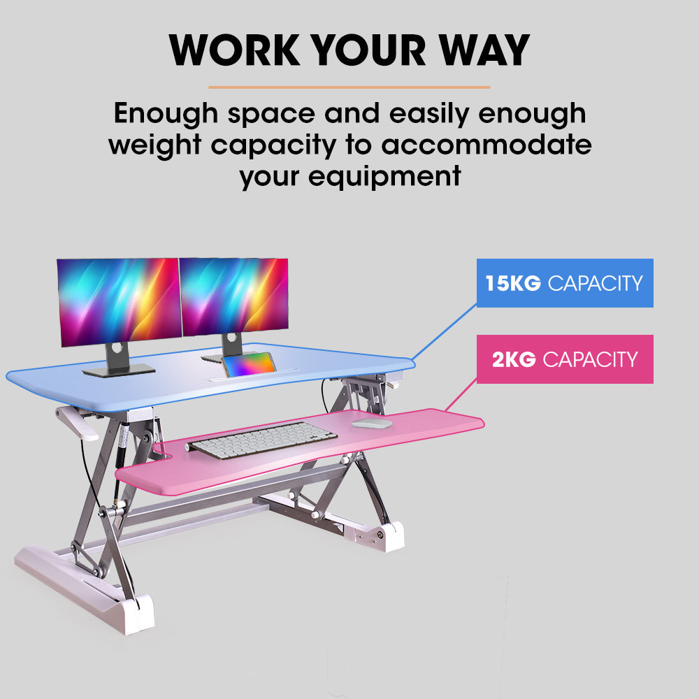 Adjustable Sit Stand Desk Riser, 0.9m Wide, Dual Monitor, White, 17kg Capacity