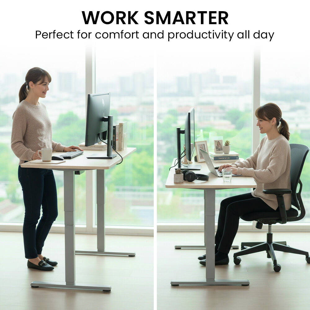 Sit To Stand Standing Desk, 120x60cm, 72-118cm Electric Height Adjustable, Light Oak Style Desktop Silver Frame