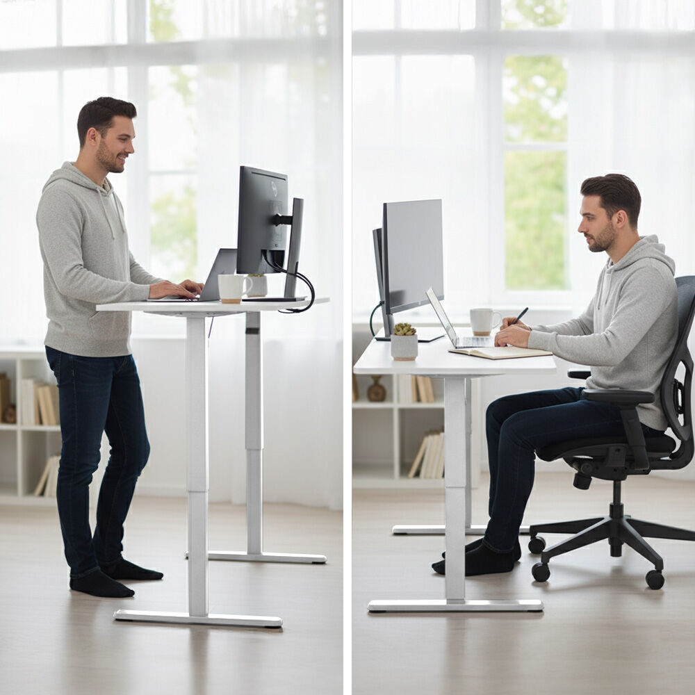 Electric Sit To Stand Up Standing Desk, 120x60cm, Height Adjustable, 40kg Rated, White