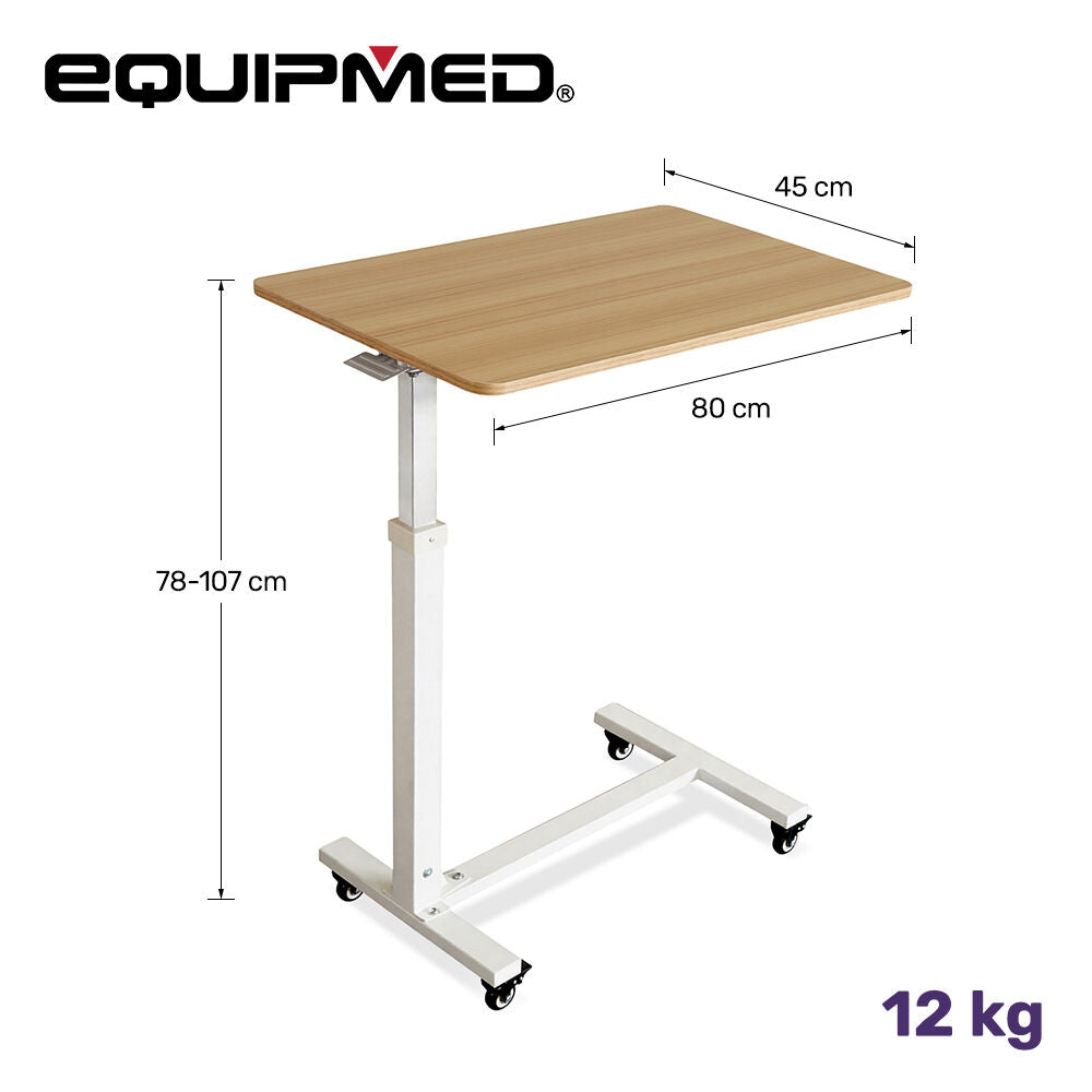 Overbed Table with Gas Lift, 15kg Load, Steel Frame, 78-107cm Adjustable Height, Lockable Castors, Home Care Use