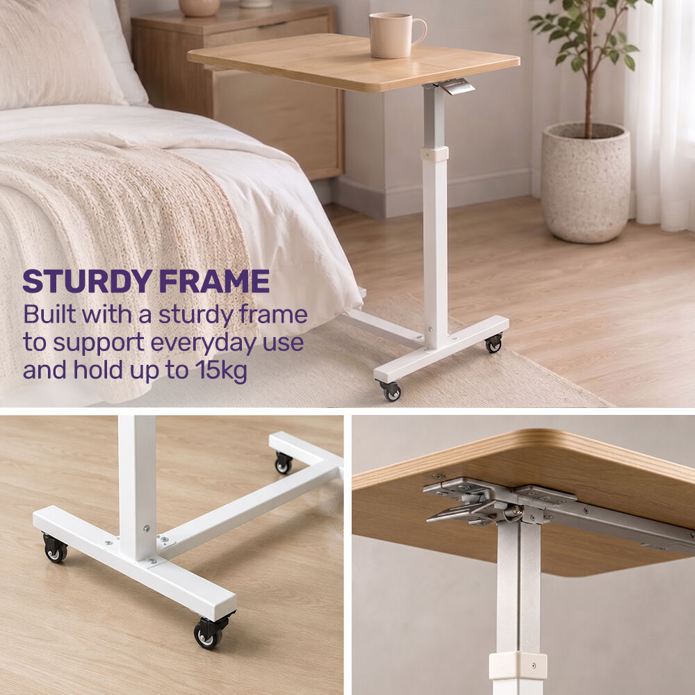 Overbed Table with Gas Lift, 15kg Load, Steel Frame, 78-107cm Adjustable Height, Lockable Castors, Home Care Use