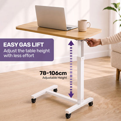 Overbed Table with Gas Lift, 15kg Load, Steel Frame, 78-107cm Adjustable Height, Lockable Castors, Home Care Use