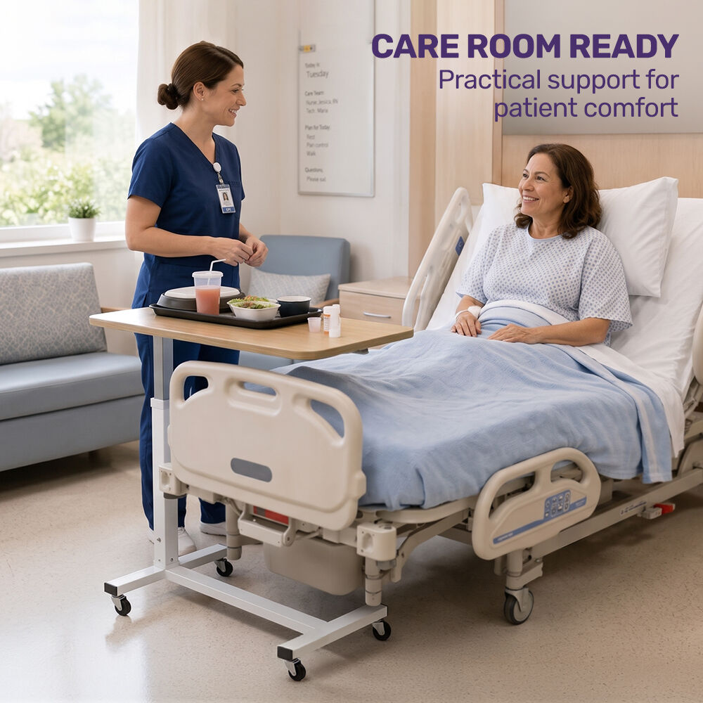 Overbed Table with Gas Lift, 15kg Load, Steel Frame, 78-107cm Adjustable Height, Lockable Castors, Home Care Use