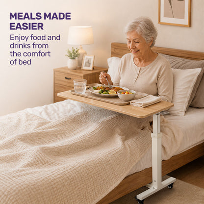 Overbed Table with Gas Lift, 15kg Load, Steel Frame, 78-107cm Adjustable Height, Lockable Castors, Home Care Use