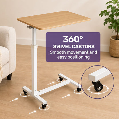 Overbed Table with Gas Lift, 15kg Load, Steel Frame, 78-107cm Adjustable Height, Lockable Castors, Home Care Use