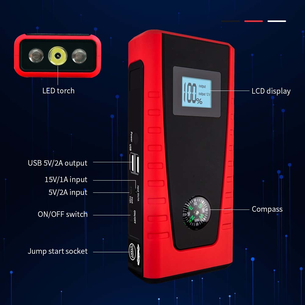 Portable 12V Jump Starter Powerbank with LED Torch and USB Charging Ports