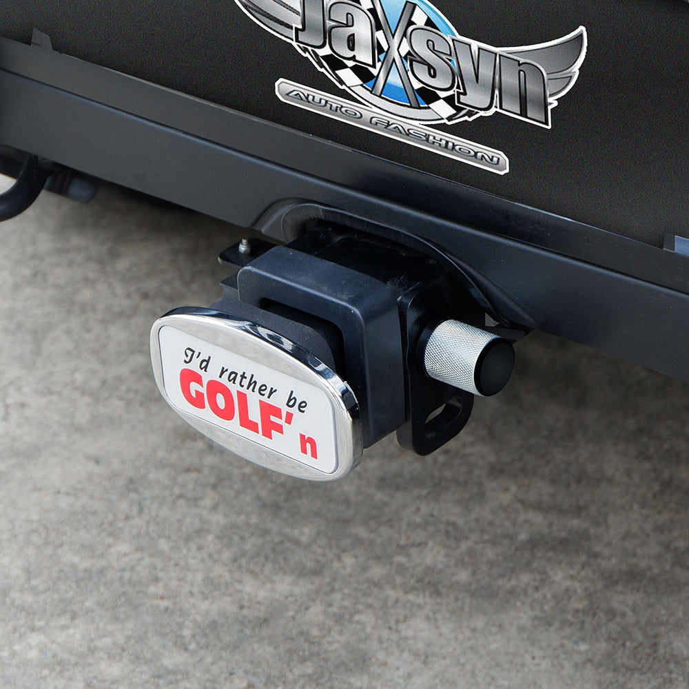 Novelty Towbar Trailer Hitch Cover - "I'd Rather Be Golfing" Design