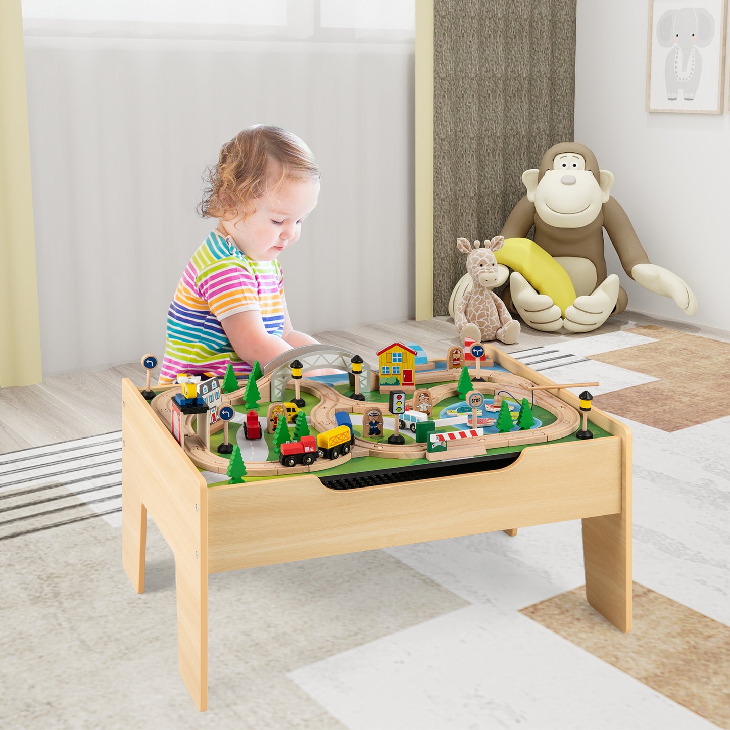 All-in-One Kids Activity Table Wooden Construction Play Table