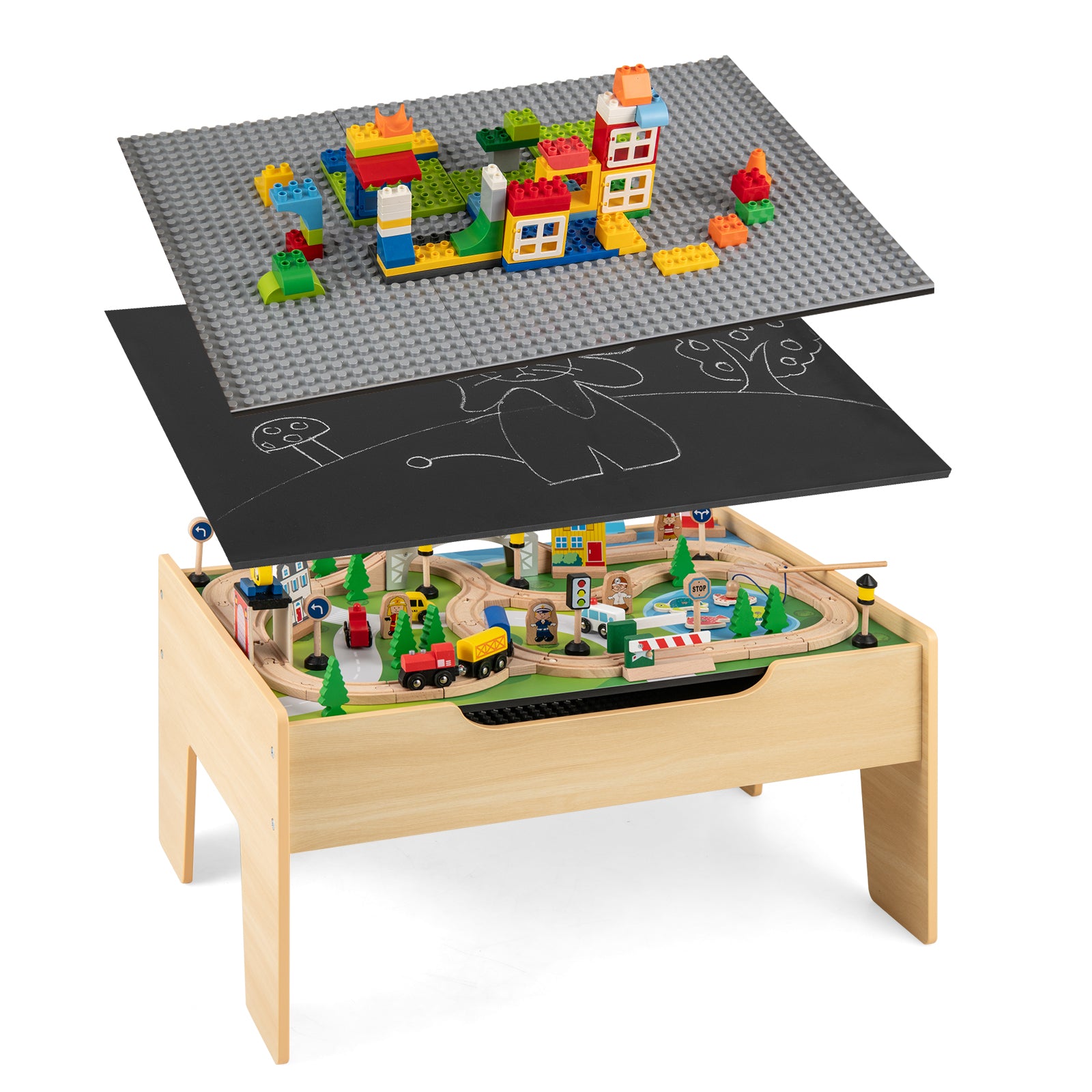 All-in-One Kids Activity Table Wooden Construction Play Table