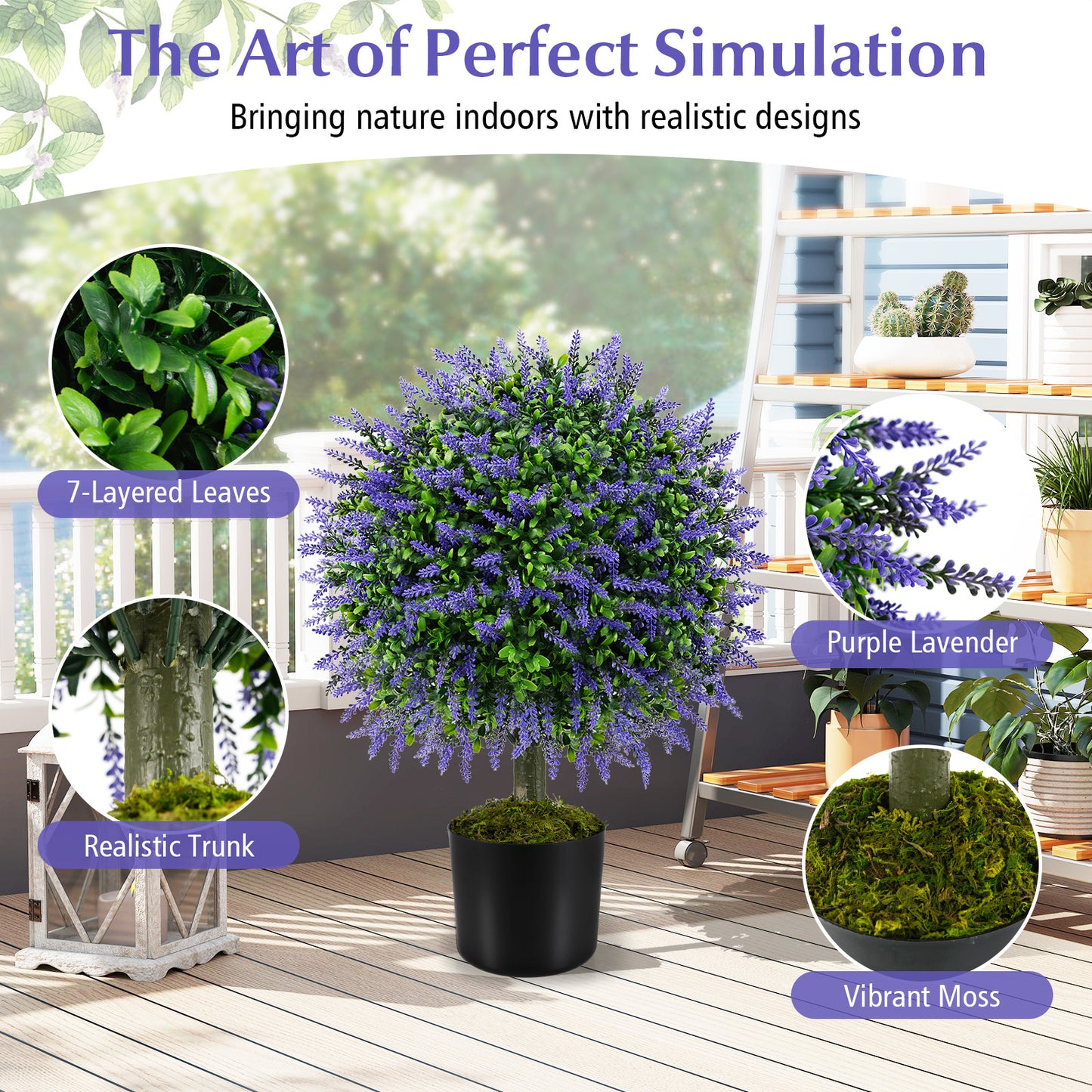 Set of 2 58cm Artificial Lavender Topiary Ball Trees for Indoors Outdoors-Purple