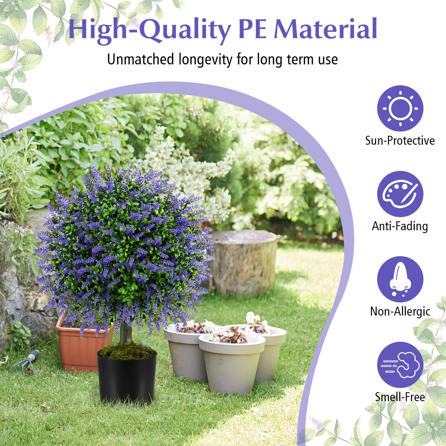 Set of 2 58cm Artificial Lavender Topiary Ball Trees for Indoors Outdoors-Purple