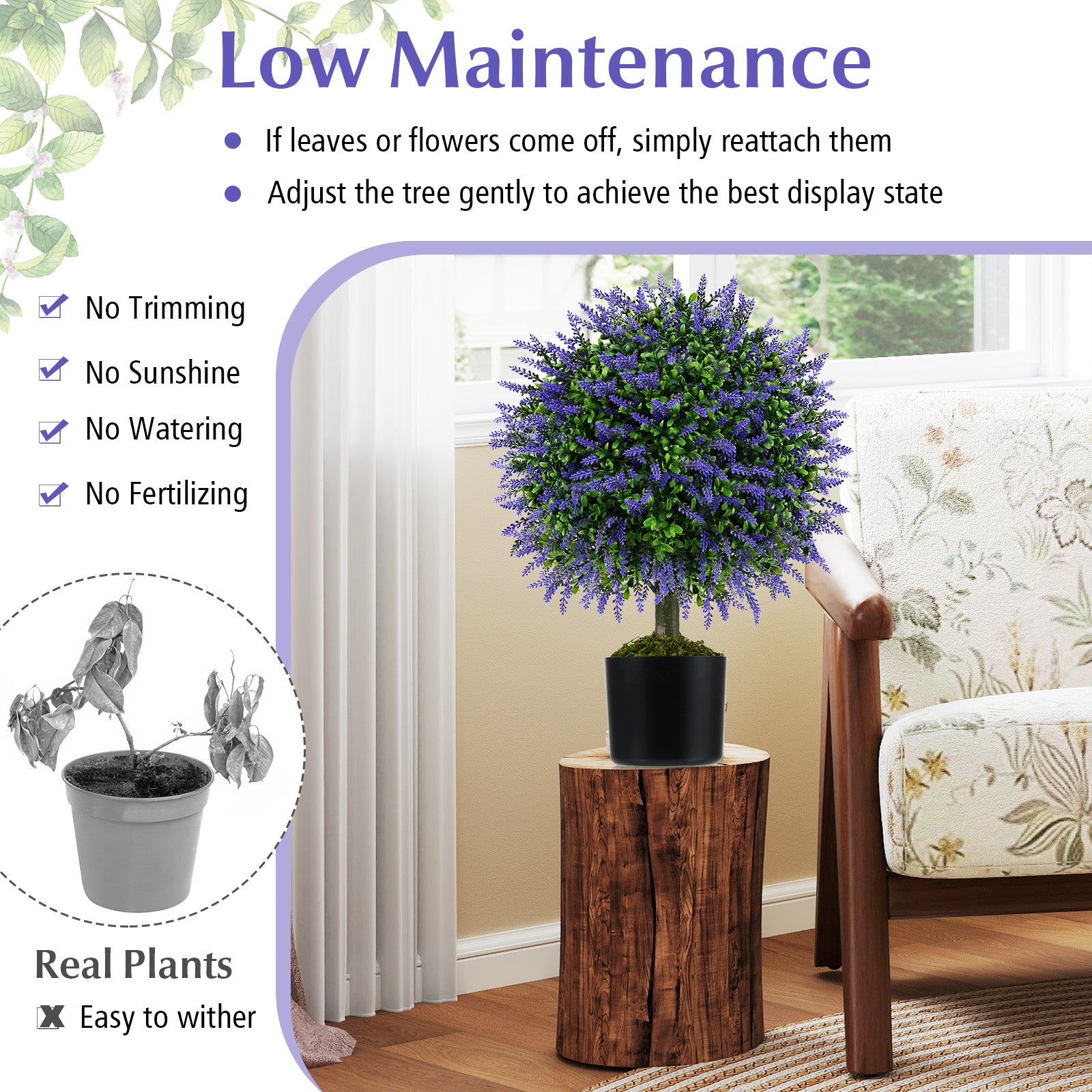 Set of 2 58cm Artificial Lavender Topiary Ball Trees for Indoors Outdoors-Purple