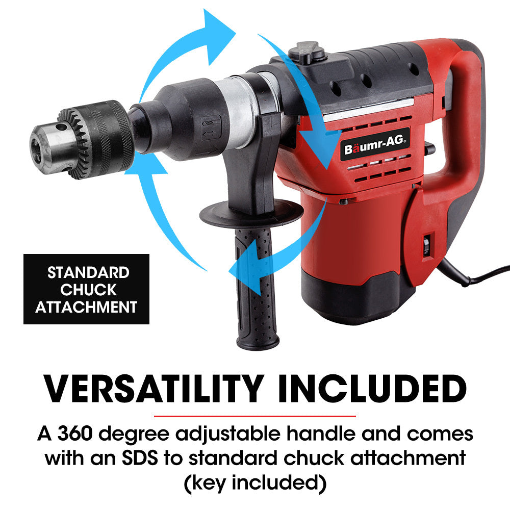 1500W Electric Rotary Jackhammer Drill with Chisels & Bits, 1.5m Cord