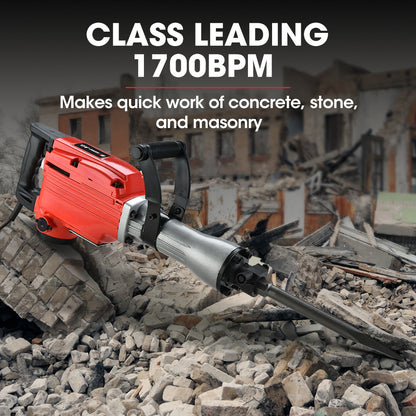 2200W Electric Demolition Jackhammer with Chisels & Carry Case - 30mm Hex