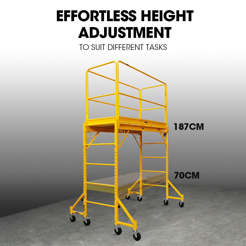 1.9 x 0.8 x 1.8m Mobile Scaffold Platform with Guard Rails & Outrigger Wheels