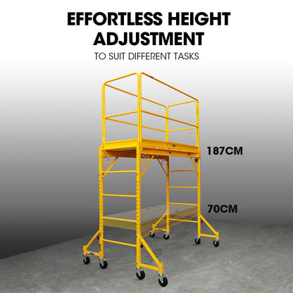 1.9 x 0.8 x 1.8m Mobile Scaffold Platform with Guard Rails & Outrigger Wheels