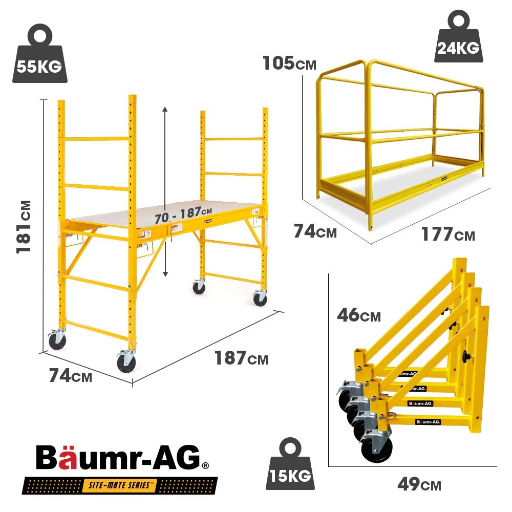 1.9 x 0.8 x 1.8m Mobile Scaffold Platform with Guard Rails & Outrigger Wheels