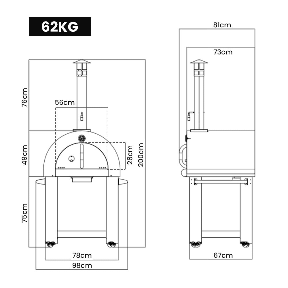 Stainless Steel Outdoor Wood Fired Pizza Oven with Ceramic Bricks, 0.75 x 0.64m