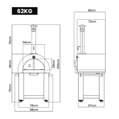 Stainless Steel Outdoor Wood Fired Pizza Oven with Ceramic Bricks, 0.75 x 0.64m