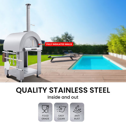 Stainless Steel Outdoor Wood Fired Pizza Oven with Ceramic Bricks, 0.75 x 0.64m