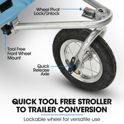 Convertible Pet & Cargo Bike Trailer Stroller, 0.5m/0.25m Wheels, 40kg Capacity