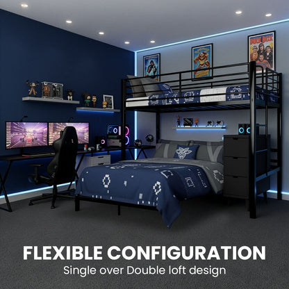 Metal Single Loft Bed And Double Underbed Frame, Multifunctional, Space Saving with Fixed Ladder, Matte Dark Grey