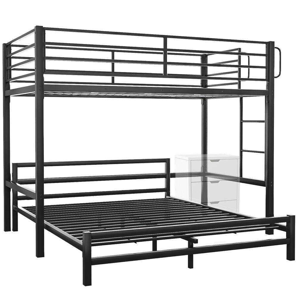 Metal Single Loft Bed And Double Underbed Frame, Multifunctional, Space Saving with Fixed Ladder, Matte Dark Grey