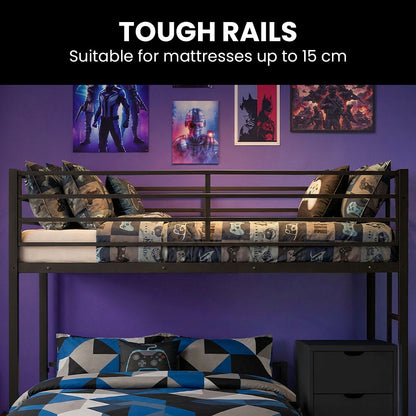 Metal Single Loft Bed And Double Underbed Frame, Multifunctional, Space Saving with Fixed Ladder, Matte Dark Grey