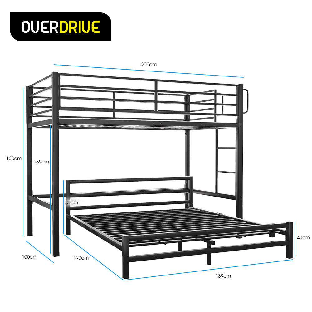 Metal Single Loft Bed And Double Underbed Frame, Multifunctional, Space Saving with Fixed Ladder, Matte Dark Grey