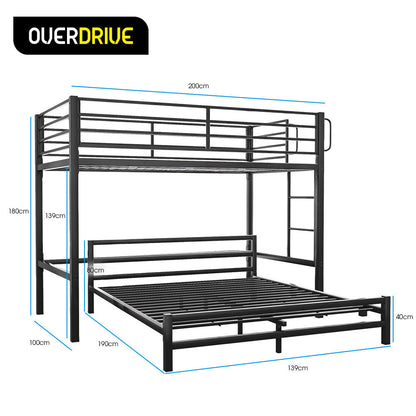 Metal Single Loft Bed And Double Underbed Frame, Multifunctional, Space Saving with Fixed Ladder, Matte Dark Grey