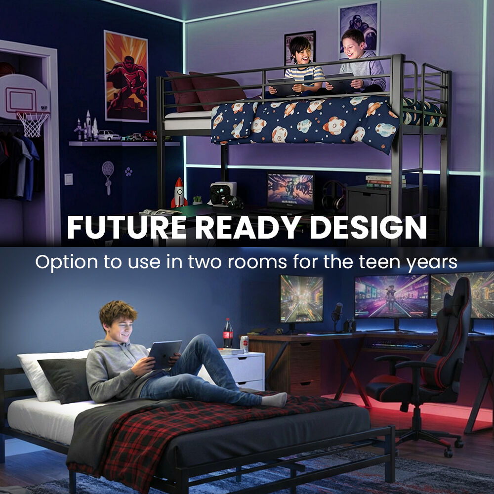 Metal Single Loft Bed And Double Underbed Frame, Multifunctional, Space Saving with Fixed Ladder, Matte Dark Grey