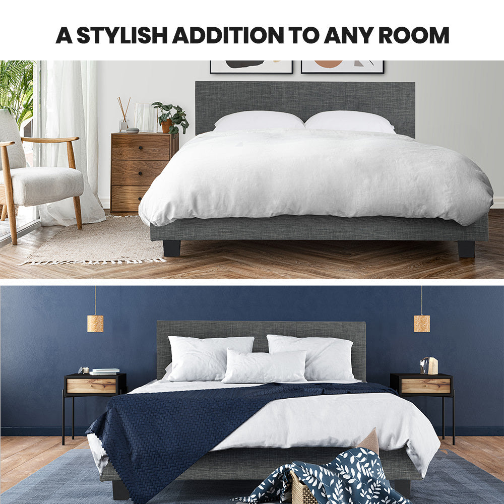 Queen Size Upholstered Bed Frame with Headboard, Grey - Supports 300kg