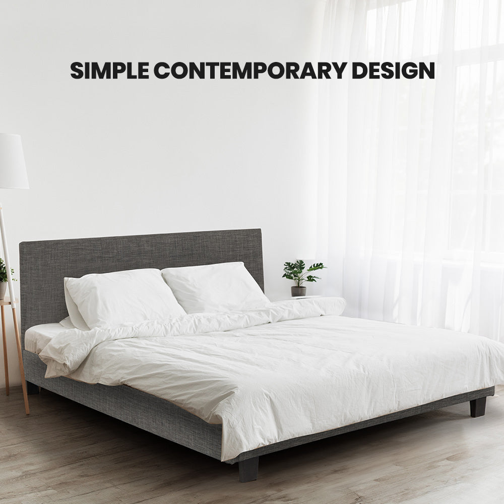 Queen Size Upholstered Bed Frame with Headboard, Grey - Supports 300kg