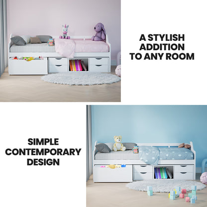 Single Sofa Bed Frame with Storage Drawers, Pine Wood, 120kg Capacity, White