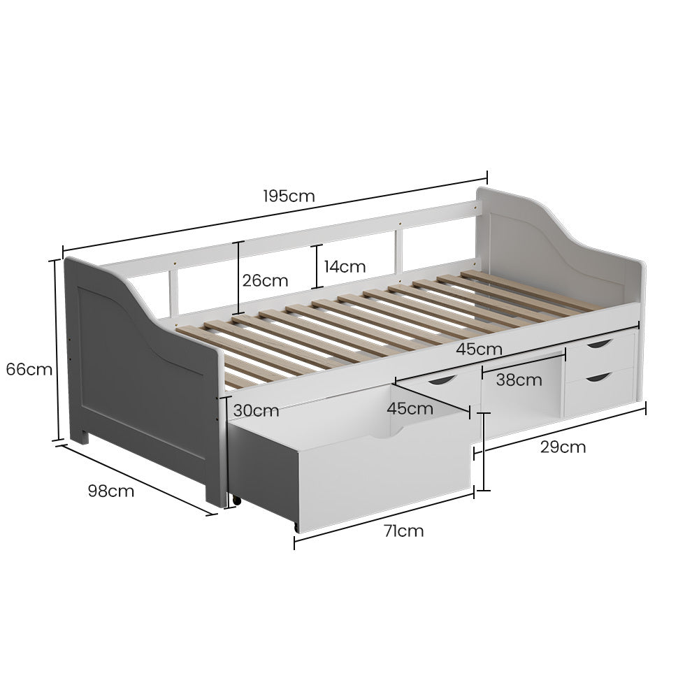 Single Sofa Bed Frame with Storage Drawers, Pine Wood, 120kg Capacity, White