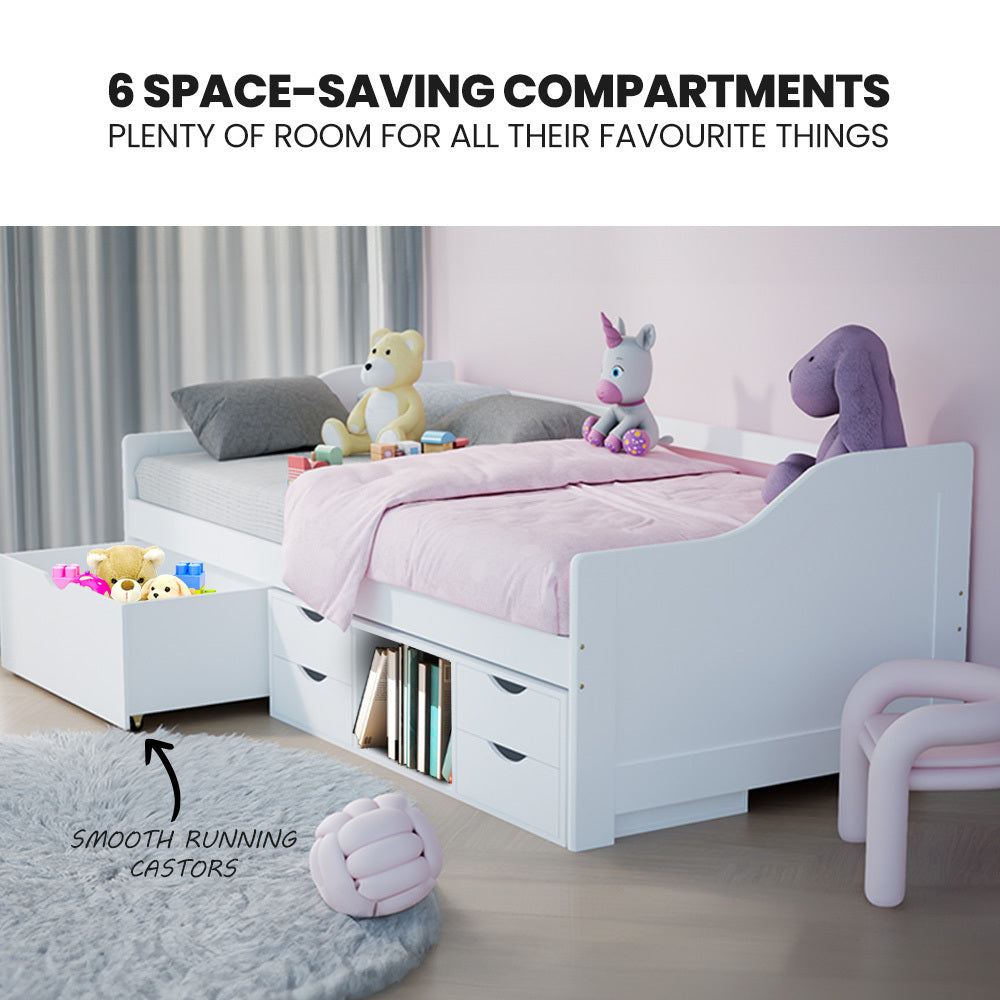 Single Sofa Bed Frame with Storage Drawers, Pine Wood, 120kg Capacity, White