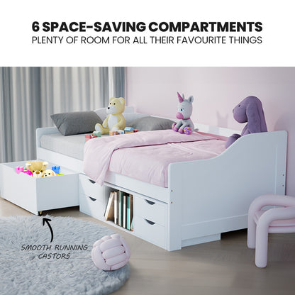 Single Sofa Bed Frame with Storage Drawers, Pine Wood, 120kg Capacity, White