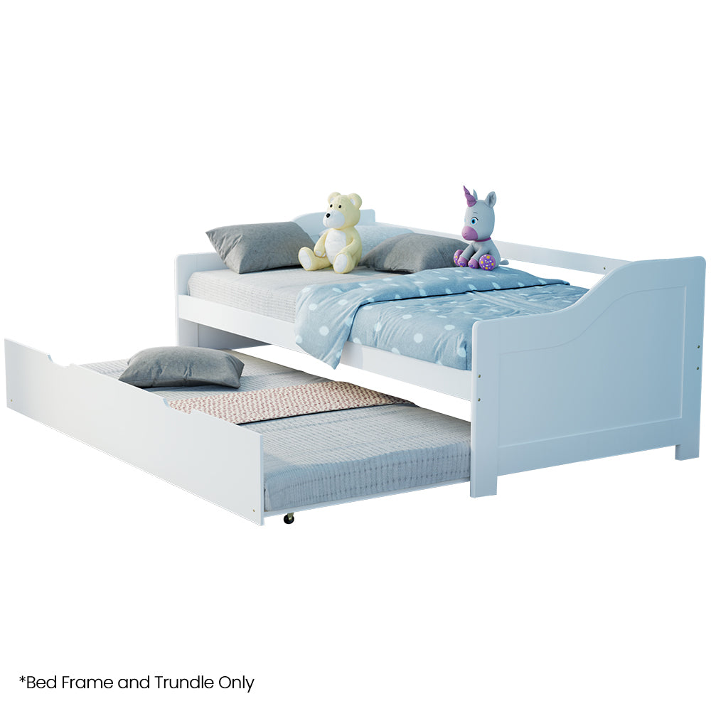 White Wooden Single Sofa Bed Frame with Trundle - Eco-Friendly, 120kg Capacity