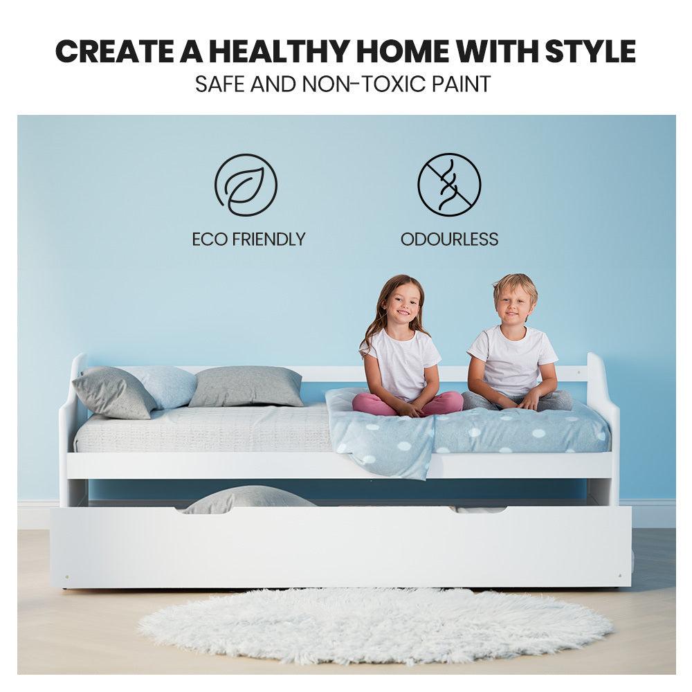 White Wooden Single Sofa Bed Frame with Trundle - Eco-Friendly, 120kg Capacity