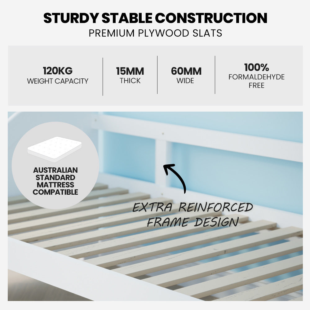 White Wooden Single Sofa Bed Frame with Trundle - Eco-Friendly, 120kg Capacity