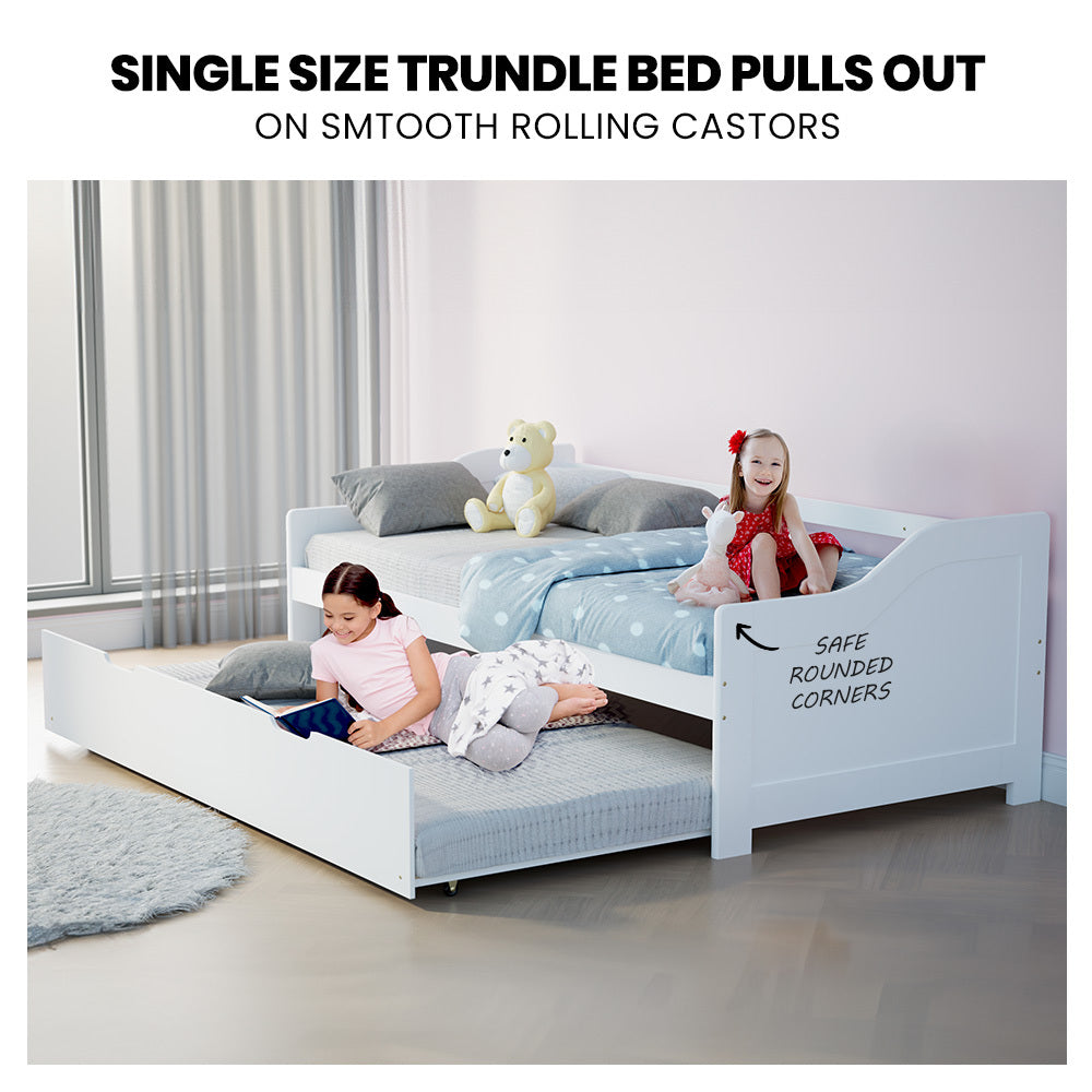 White Wooden Single Sofa Bed Frame with Trundle - Eco-Friendly, 120kg Capacity