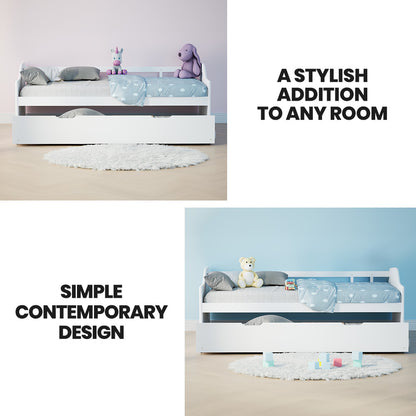 White Wooden Single Sofa Bed Frame with Trundle - Eco-Friendly, 120kg Capacity