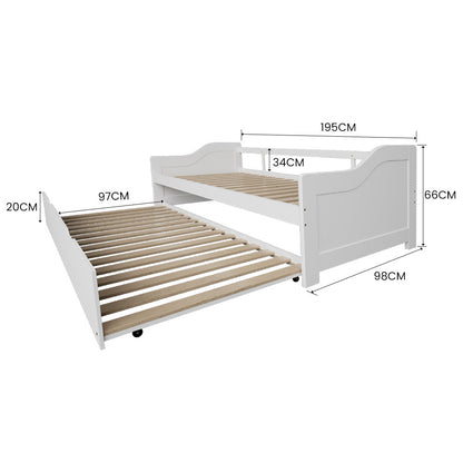 White Wooden Single Sofa Bed Frame with Trundle - Eco-Friendly, 120kg Capacity