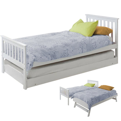 Wooden Single Bed Frame with Pop-Up Trundle for Kids, White, 120kg Capacity
