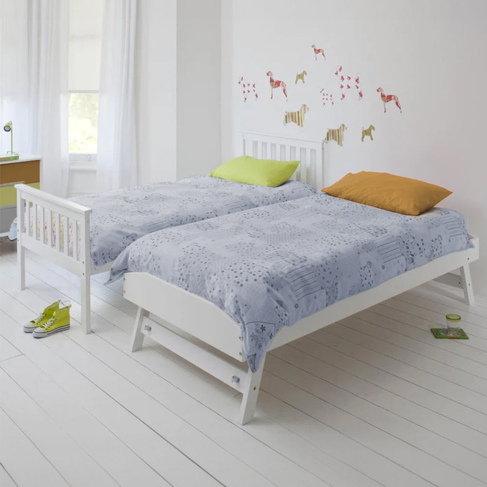 Wooden Single Bed Frame with Pop-Up Trundle for Kids, White, 120kg Capacity