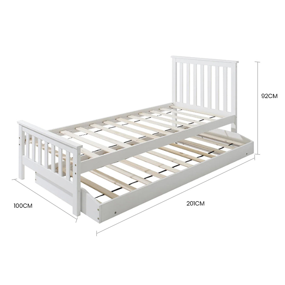 Wooden Single Bed Frame with Pop-Up Trundle for Kids, White, 120kg Capacity